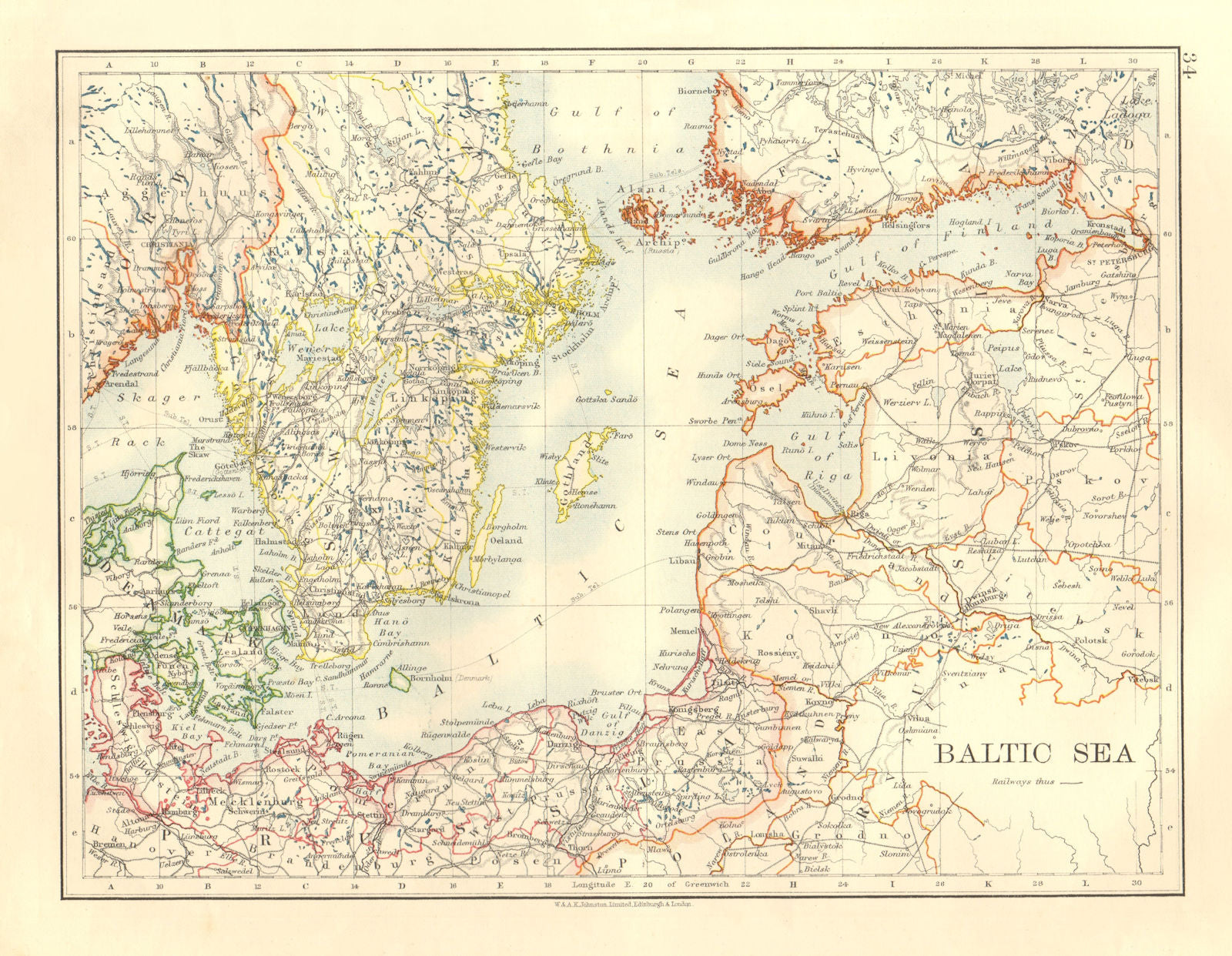 BALTIC SEA. Sweden Prussia Denmark Livonia Courland Finland.  JOHNSTON 1906 map